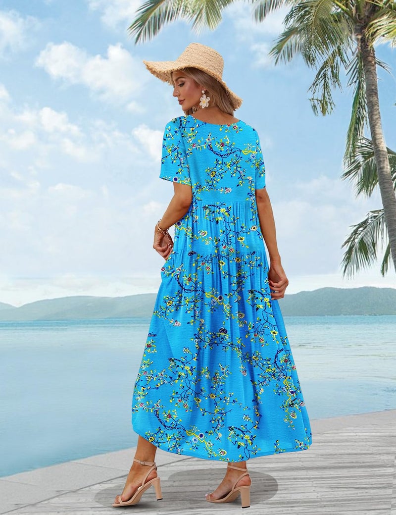 YESNO Women Casual Loose Bohemian Floral Dress with Pockets Short Sleeve Long Maxi Summer Beach Swing Dress L EJF CR44 Blue/Yellow - Image 4