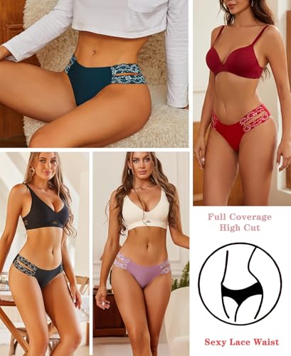 FINETOO Seamless Underwear for Women Cheeky Bikini Panties High Cut V-waist Lace Underwear Women Cute Bikinis 6 Pack - Image 2