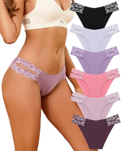 FINETOO Seamless Underwear for Women Cheeky Bikini Panties High Cut V-waist Lace Underwear Women Cute Bikinis 6 Pack - Image 1