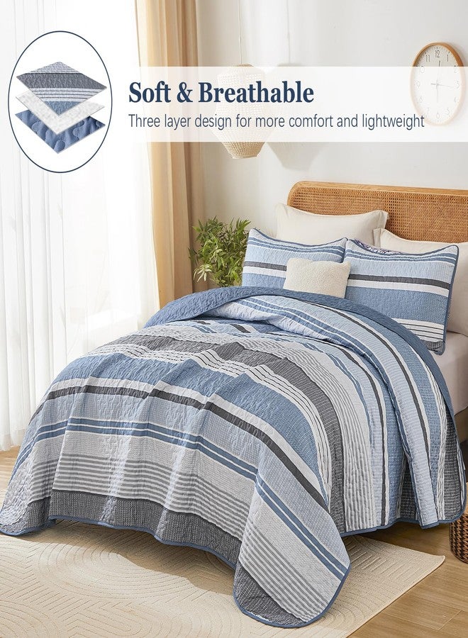 Dintszyayue King Size Quilts Blue, 3 Pieces Boho Striped Bedspread Bedding for King Size Bed, Soft Lightweight Microfiber Bohemian Coverlet Set for All Season Quilts with 2 Pillowcases - Image 2