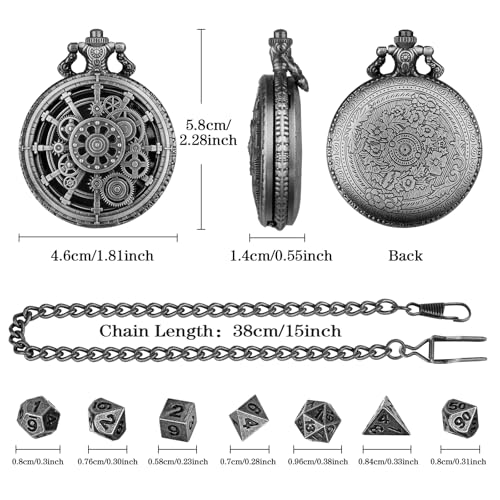 Keller & Weber Mini DND Dice Set with Steampunk Dark Silver Hollow Gear Pocket Watch Shell Case, 7pcs Polyhedral Metal D&D Dice, DND Gifts with Gift Box for DND Lovers, Role Playing Board Games Accessories - Image 5
