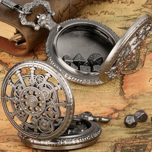 Keller & Weber Mini DND Dice Set with Steampunk Dark Silver Hollow Gear Pocket Watch Shell Case, 7pcs Polyhedral Metal D&D Dice, DND Gifts with Gift Box for DND Lovers, Role Playing Board Games Accessories - Image 4
