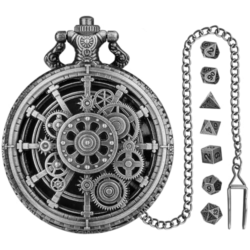 Keller & Weber Mini DND Dice Set with Steampunk Dark Silver Hollow Gear Pocket Watch Shell Case, 7pcs Polyhedral Metal D&D Dice, DND Gifts with Gift Box for DND Lovers, Role Playing Board Games Accessories - Image 3