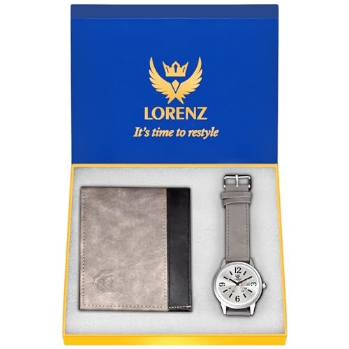 LORENZ Analog Silver Dial Day-Date Watch & Grey Wallet Gift Combo Box for Men abd Boys | CM-3028WL-25 - Image 1