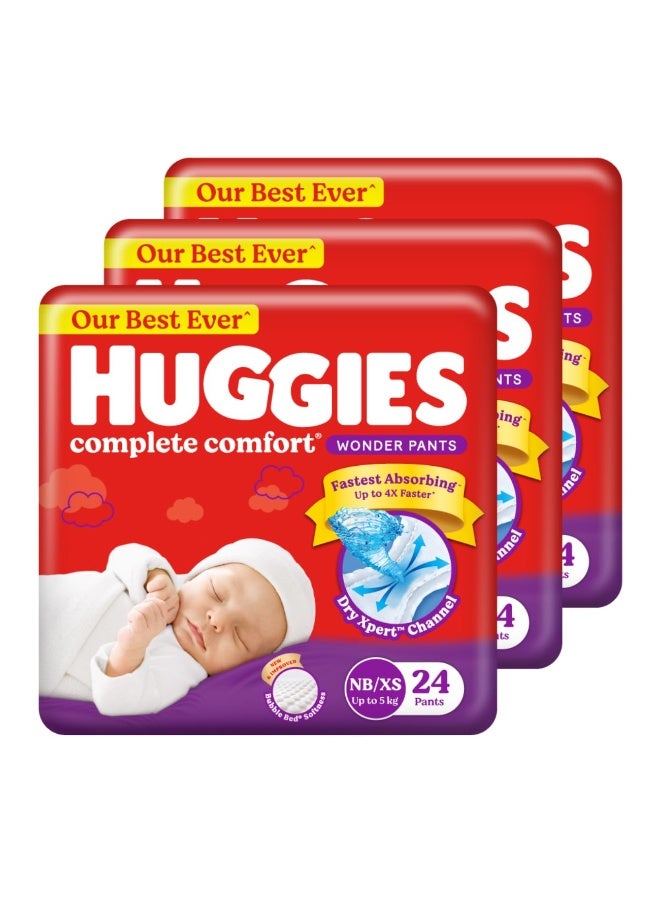 Huggies Complete Comfort Wonder Pants | Pant Style Baby Diapers New Born / XS Size, 24*3 Count | India's Fastest Absorbing Diaper, Patented Dry Xpert Channel, Ideal for up to 5 Kgs