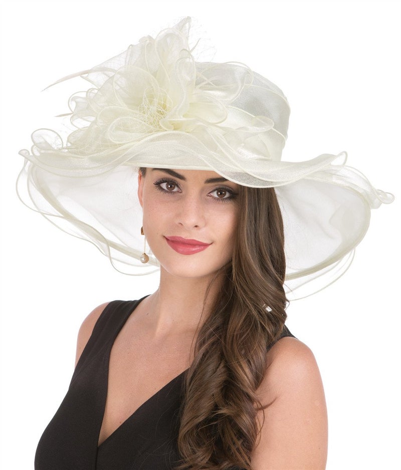 SAFERIN Women's Organza Church Kentucky Derby Fascinator Bridal Tea Party Wedding Hat (90-Beige Mash) - Image 4