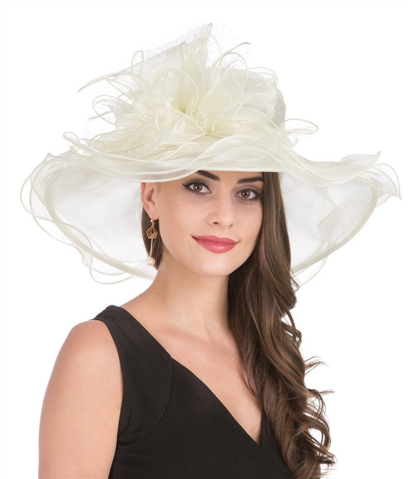 SAFERIN Women's Organza Church Kentucky Derby Fascinator Bridal Tea Party Wedding Hat (90-Beige Mash) - Image 3