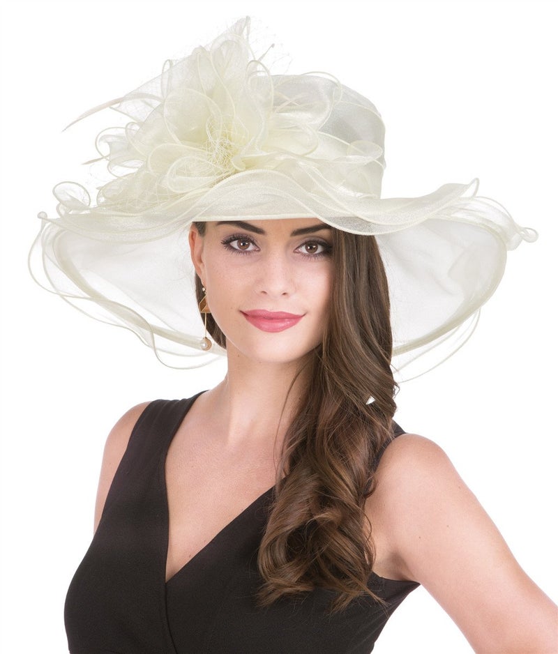 SAFERIN Women's Organza Church Kentucky Derby Fascinator Bridal Tea Party Wedding Hat (90-Beige Mash) - Image 1