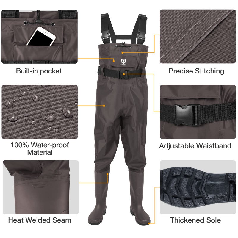 TIDEWE Bootfoot Chest Wader, 2-Ply Nylon/PVC Waterproof Fishing & Hunting Waders with Boot Hanger for Men and Women Brown Size 11 - Image 3