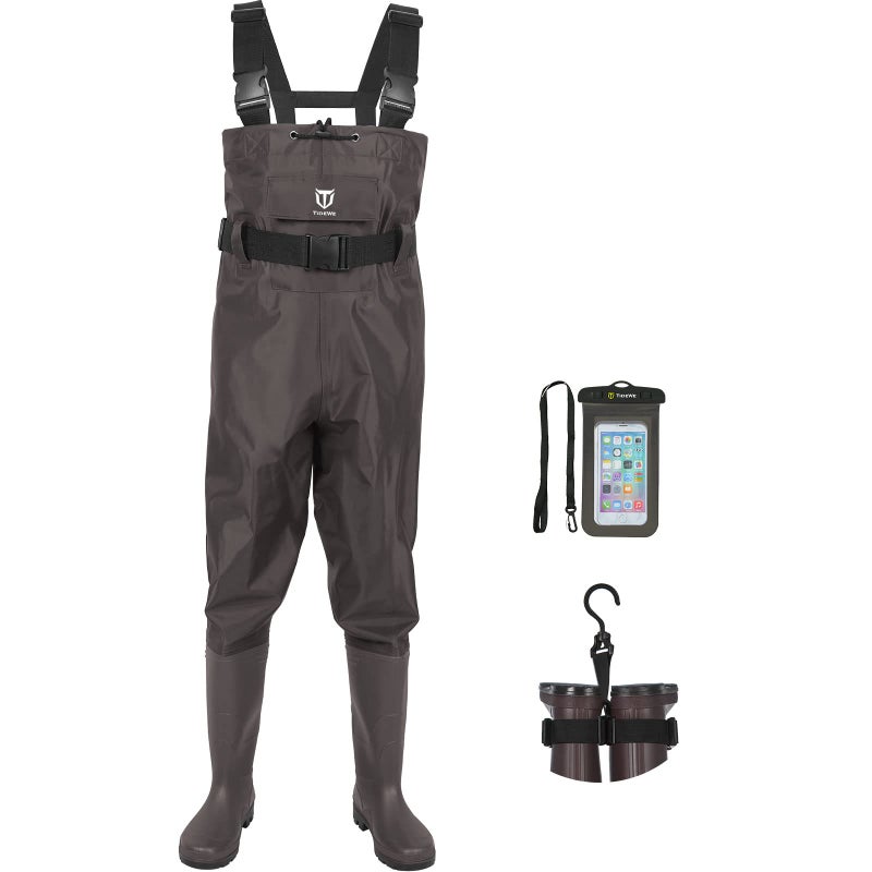 TIDEWE Bootfoot Chest Wader, 2-Ply Nylon/PVC Waterproof Fishing & Hunting Waders with Boot Hanger for Men and Women Brown Size 11 - Image 1