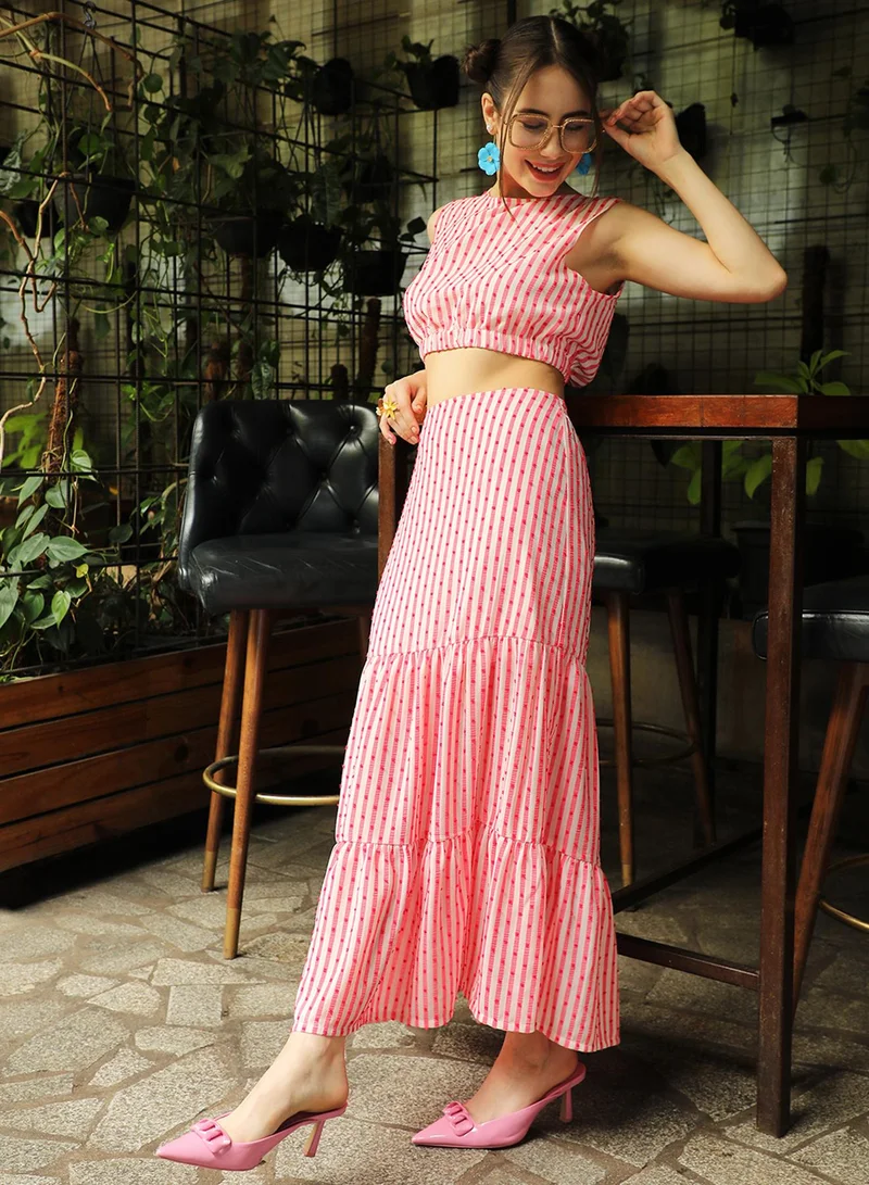 PINACOLADA Women's Scarlet Red & Ivory White Pom-Pom Striped Co-ord Set