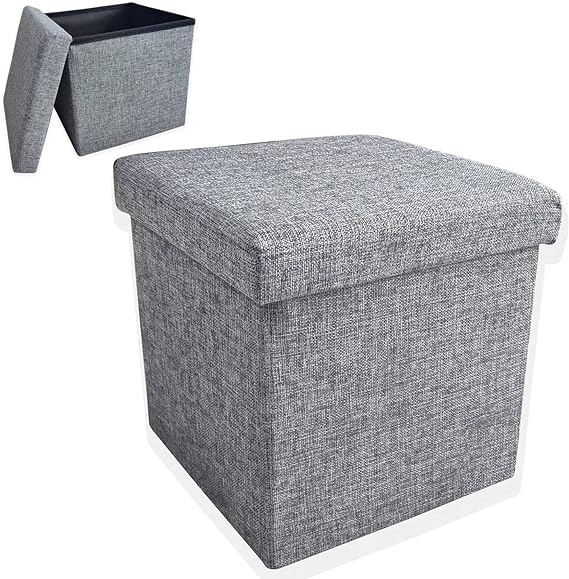 Rexmon Fabric Cube Shape Sitting Stool with Storage Box Living Foldable Storage Bins Toys Organizer with Cushion Seat Lid Small Ottomans Bench Foot Rest Stool Ottoman Storage Box MultiColoured - Image 1