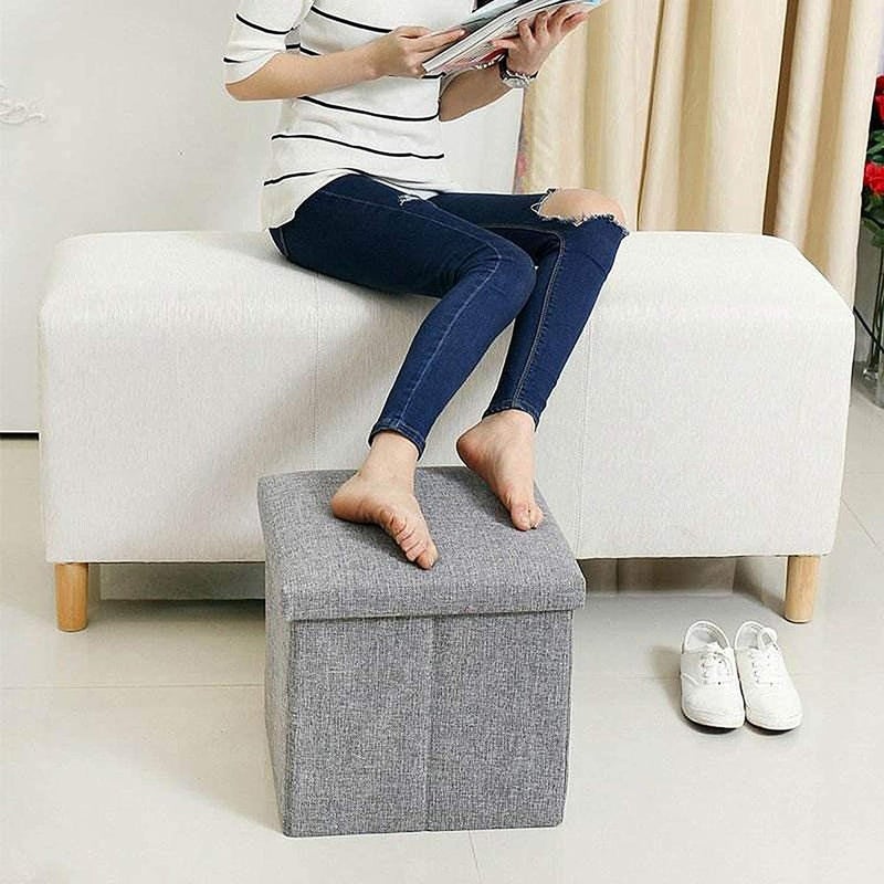 Rexmon Fabric Cube Shape Sitting Stool with Storage Box Living Foldable Storage Bins Toys Organizer with Cushion Seat Lid Small Ottomans Bench Foot Rest Stool Ottoman Storage Box MultiColoured - Image 2