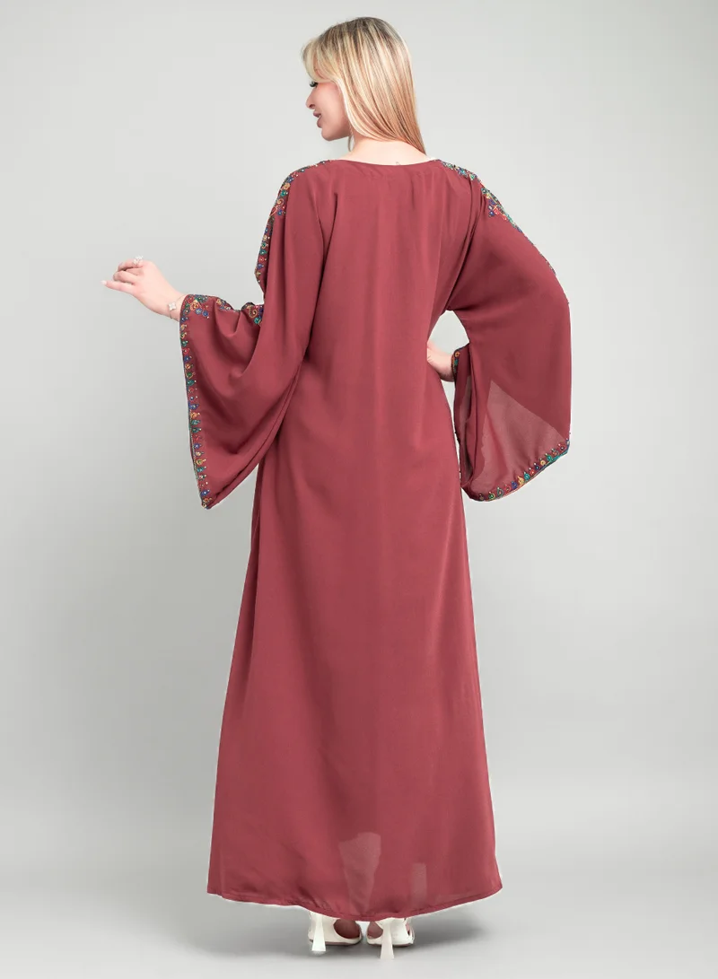 IKKXA Solid Embroidery Elegant Jalabiya XJ1004 Maroon