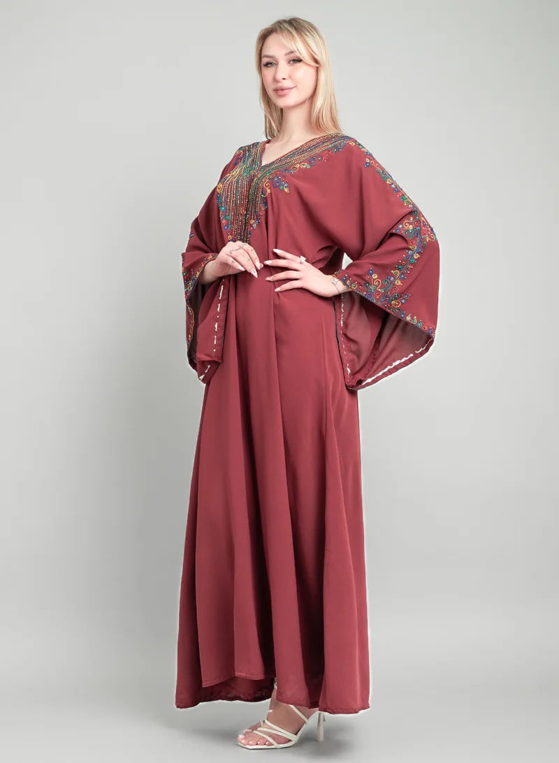 IKKXA Solid Embroidery Elegant Jalabiya XJ1004 Maroon