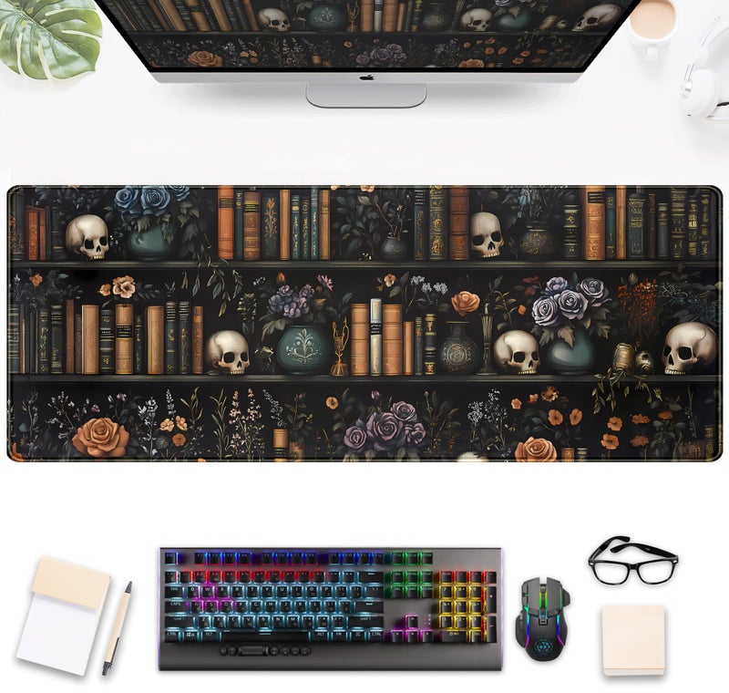 DSKGSJH Dark Bookshelf Desk Pad Gothic Gaming Mouse Mat XL, Black Large Computer Keyboard Mat Mystery Flowers Desk Mat, Cool Mouse Pad Full Desktop Mat, Vintage Desk Decor Accessories 31.5" x 11.8" - Image 1