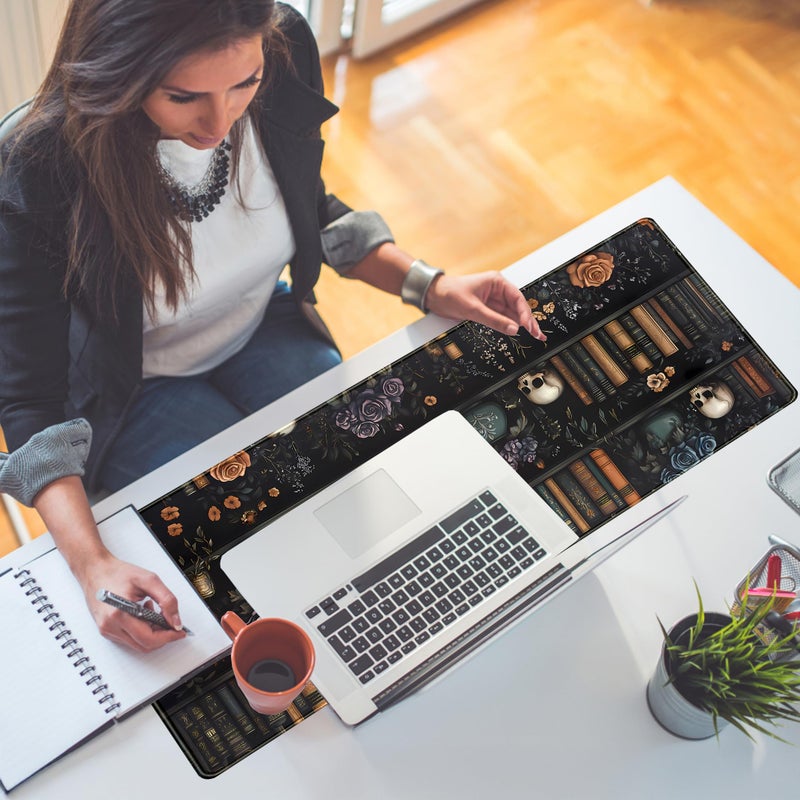 DSKGSJH Dark Bookshelf Desk Pad Gothic Gaming Mouse Mat XL, Black Large Computer Keyboard Mat Mystery Flowers Desk Mat, Cool Mouse Pad Full Desktop Mat, Vintage Desk Decor Accessories 31.5" x 11.8" - Image 4