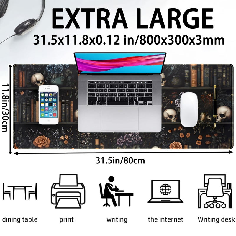 DSKGSJH Dark Bookshelf Desk Pad Gothic Gaming Mouse Mat XL, Black Large Computer Keyboard Mat Mystery Flowers Desk Mat, Cool Mouse Pad Full Desktop Mat, Vintage Desk Decor Accessories 31.5" x 11.8" - Image 2