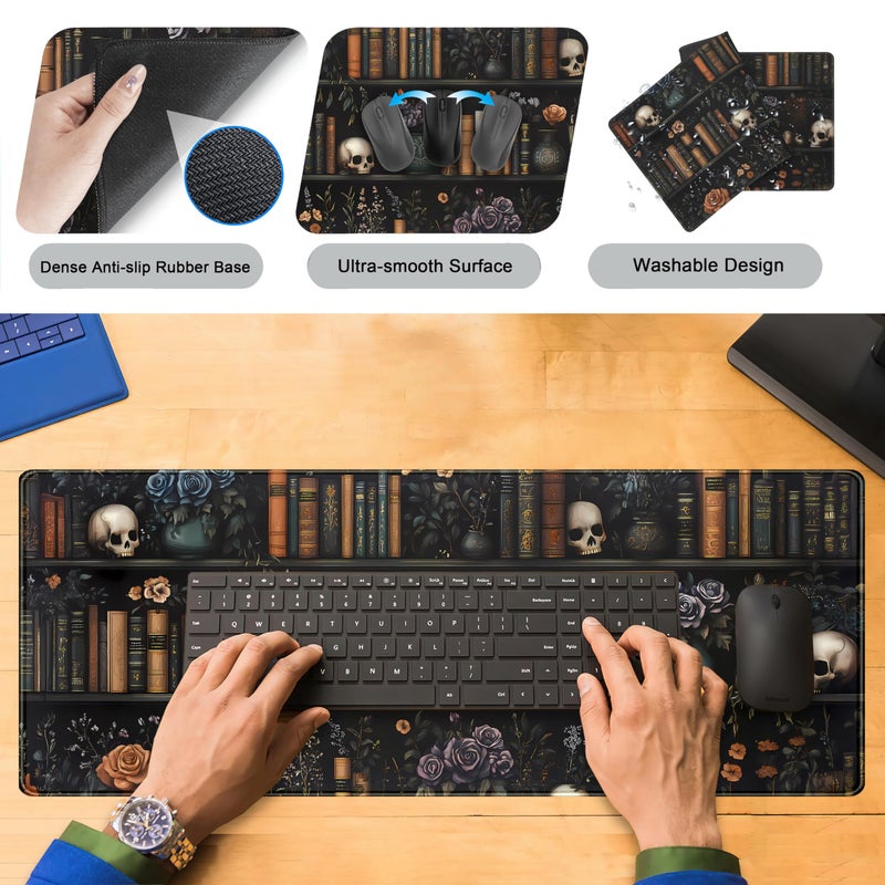 DSKGSJH Dark Bookshelf Desk Pad Gothic Gaming Mouse Mat XL, Black Large Computer Keyboard Mat Mystery Flowers Desk Mat, Cool Mouse Pad Full Desktop Mat, Vintage Desk Decor Accessories 31.5" x 11.8" - Image 3