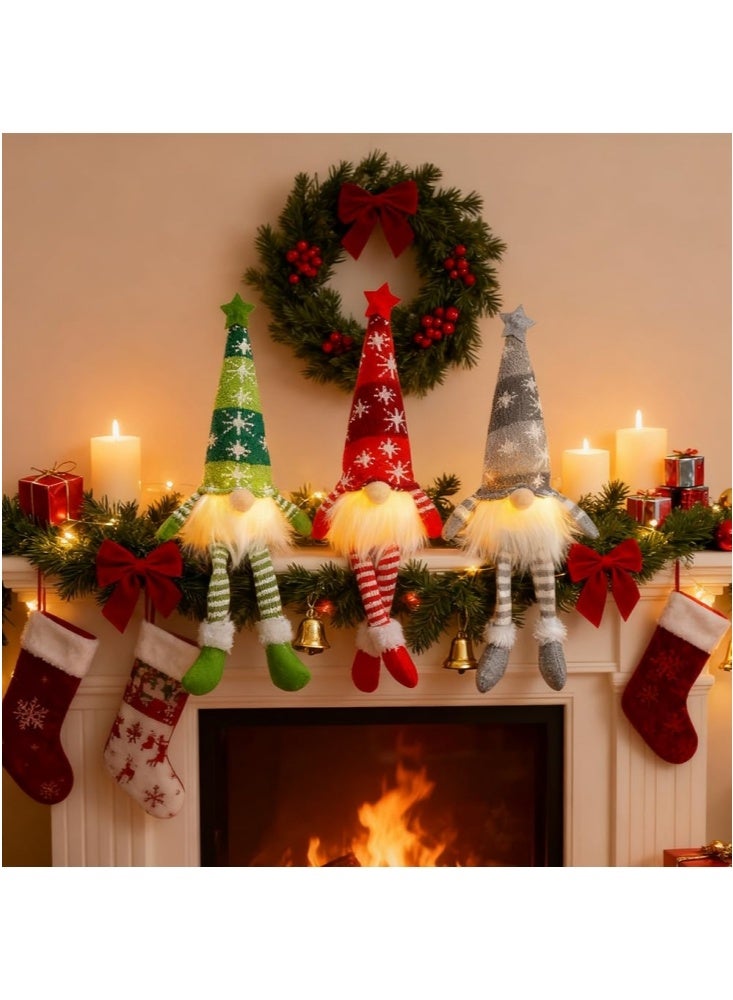 GGEROU 3 قطع زينة عيد الميلاد جينوم مضيئة، جينوم عيد الميلاد مع ضوء، جينوم سانتا سويدي مصنوع يدويًا بقبعة محبوكة، جينوم إلف عيد الميلاد (طويل) - Image 1