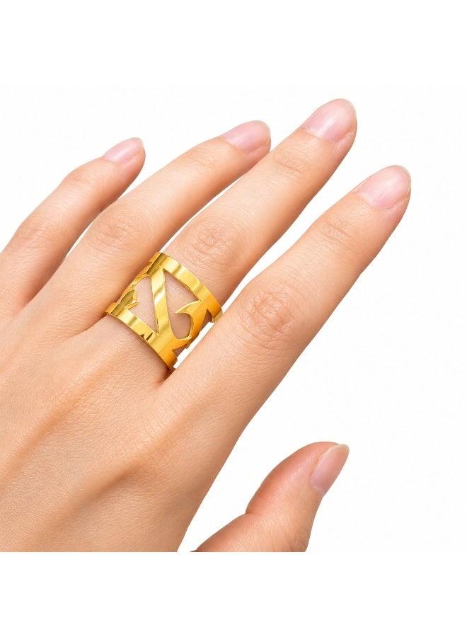 925 Sterling Silver Ring, 18K Gold Plated Calligraphy Statement Ring for Women - Elegant Cut-Out Arabic Style Wide Band Ring, Yellow Gold - Image 2