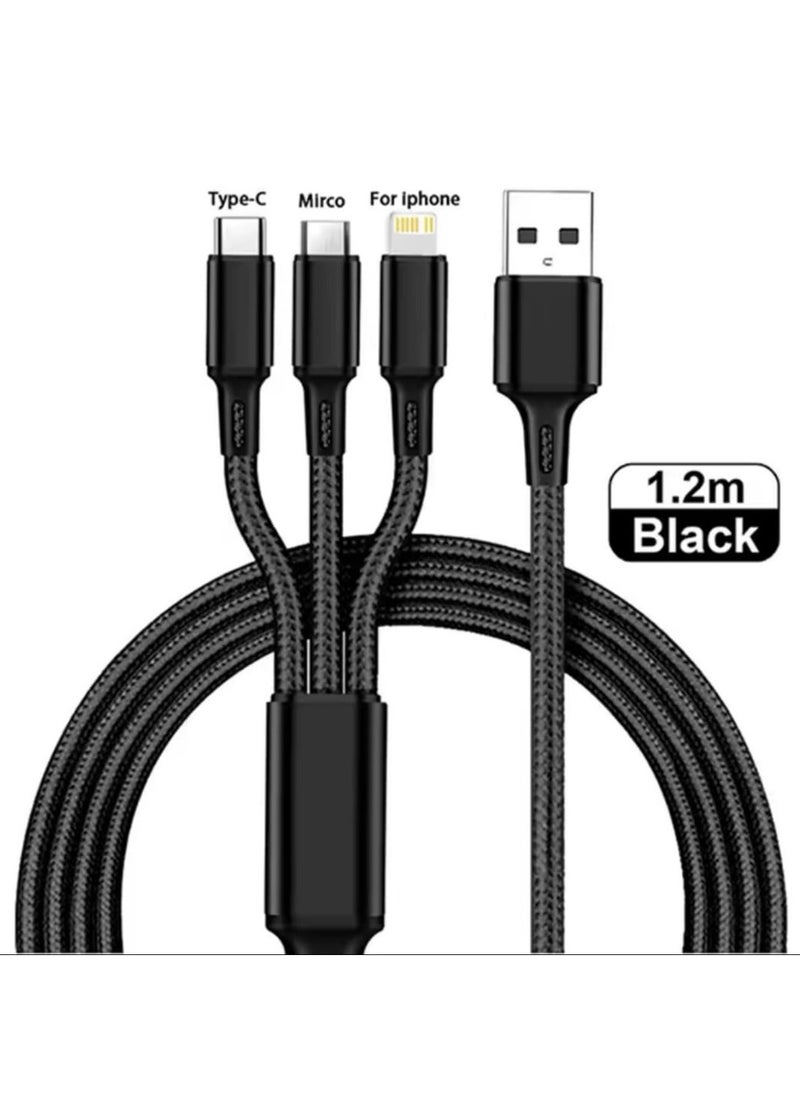 Earldom 3 in 1 USB Charger Cable – 3.5A Fast Charging Cable with USB Type-C, Micro USB & Lightning Connectors – Universal Charging Cord for iPhone, Samsung, Oppo, Huawei, and More – 1.2M (Black)  - Image 1