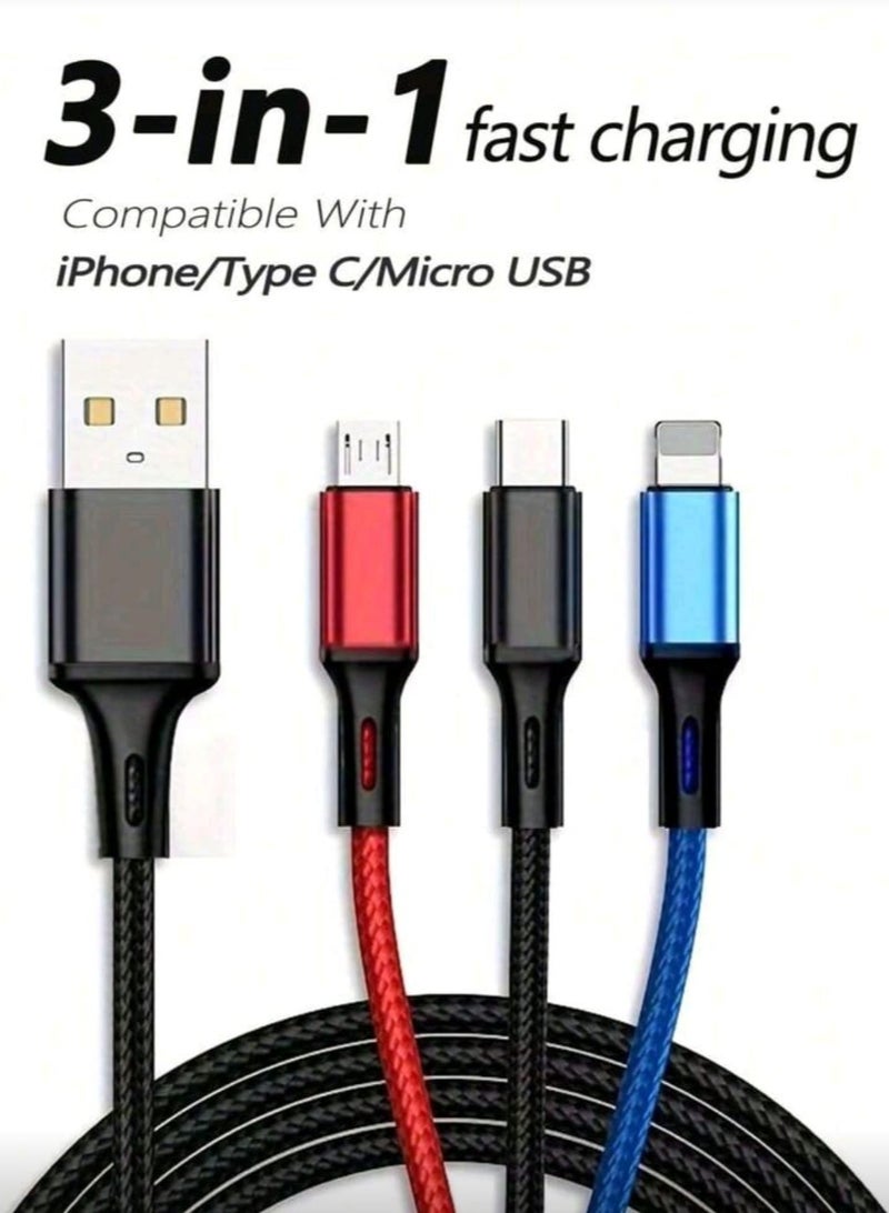 3 in 1 Charging Cable – 3.5A Fast Charging Cable with USB Type-C, Micro USB & Lightning Connectors – Universal Charging Cord for iPhone, Samsung, Oppo, Huawei, and More – 1.2M - Image 1