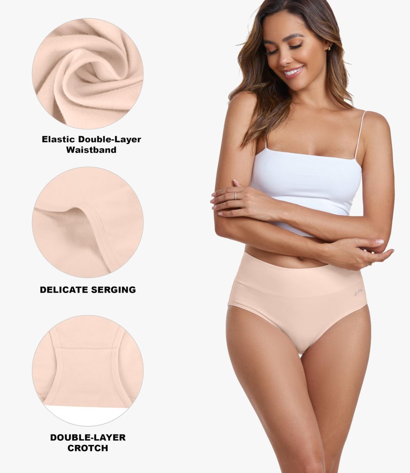 coskefy Cotton Panties for Women No Show High Waisted Underwear Seamless Tummy Control Briefs 5 Pack Beige - Image 3