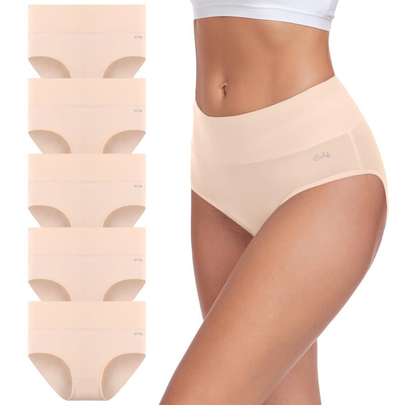 coskefy Cotton Panties for Women No Show High Waisted Underwear Seamless Tummy Control Briefs 5 Pack Beige - Image 1