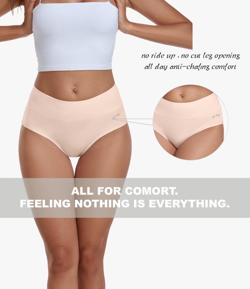 coskefy Cotton Panties for Women No Show High Waisted Underwear Seamless Tummy Control Briefs 5 Pack Beige - Image 4