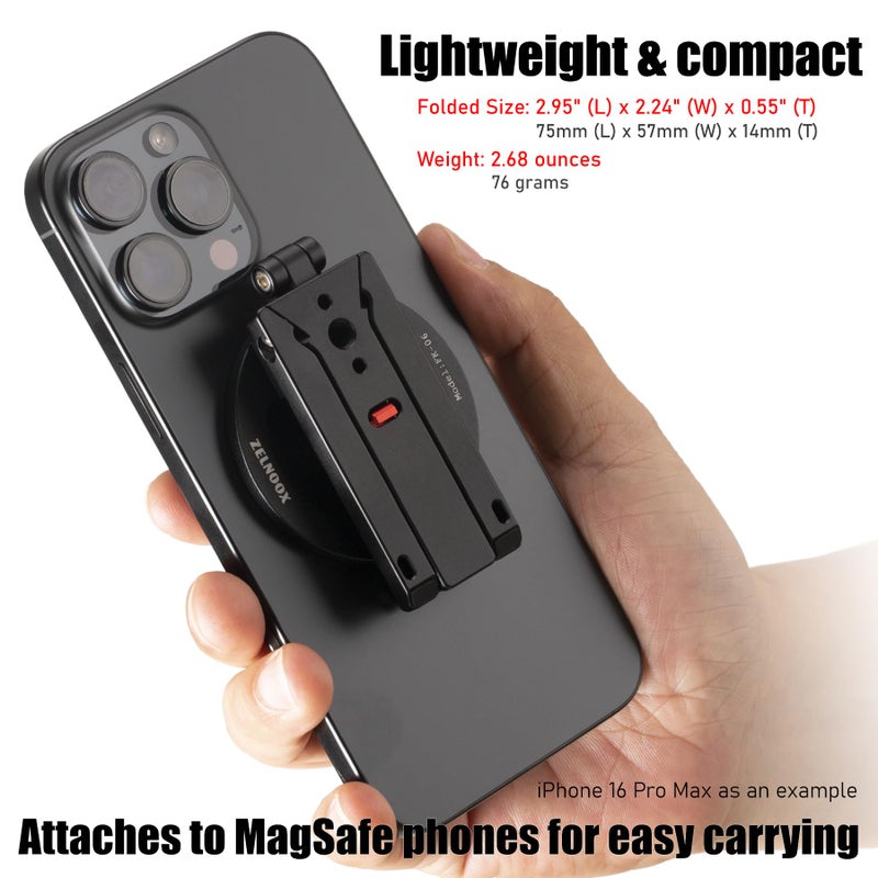 Zelnoox Ultra-Compact Magnetic Tripod Stand for iPhone 17/16/15/14/13/12 Pro Max Magsafe Case, Adjustable Cellphone Holder with 1/4â€ Screw & Travel Hook (Black) - Image 2