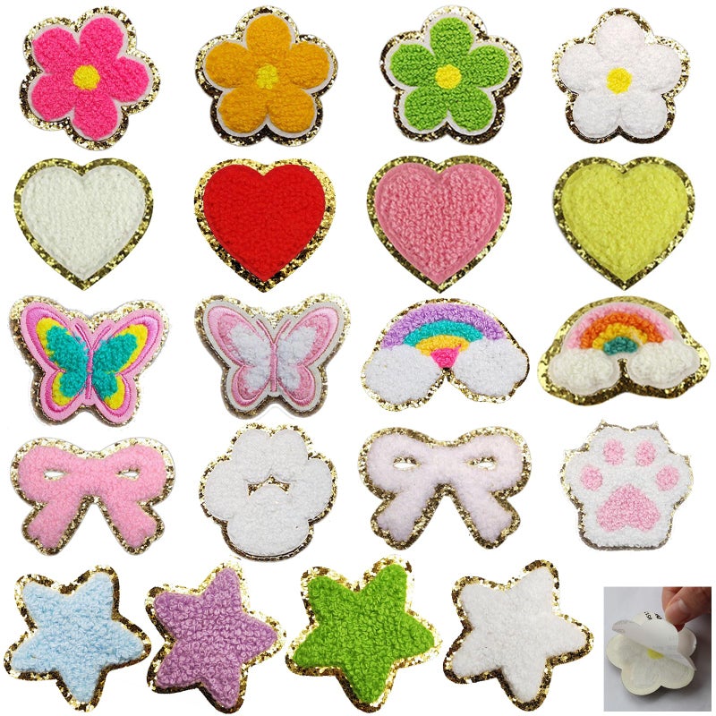 Joynaamn 20 PCS Stick On Patches for Backpack Clothing, Self-Adhesive Colorful Chenille Decorative Patches with Sequin Edges in Assorted Designs, Heart Butterfly Flower Rainbow Star - Image 1