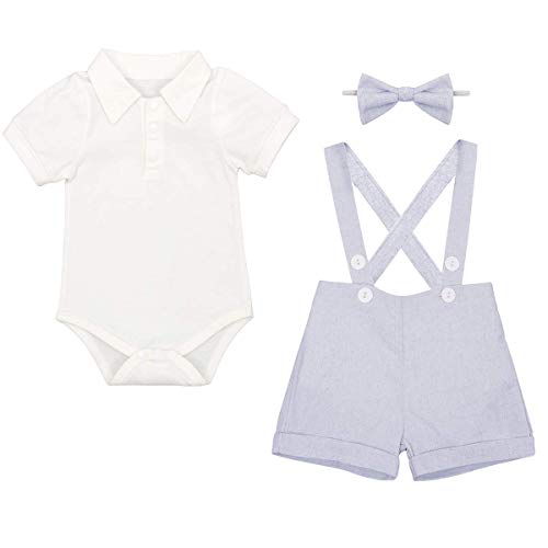 IDOPIP Baby Boys Formal Suit Cake Smash Outfit 1st/2nd Birthday Party Romper Shirt + Suspenders Shorts Bib pants + Bowtie 3Pcs Set Summer Wedding Baptism Christening Clothes for Photo Shoot Blue 6-12M - Image 3