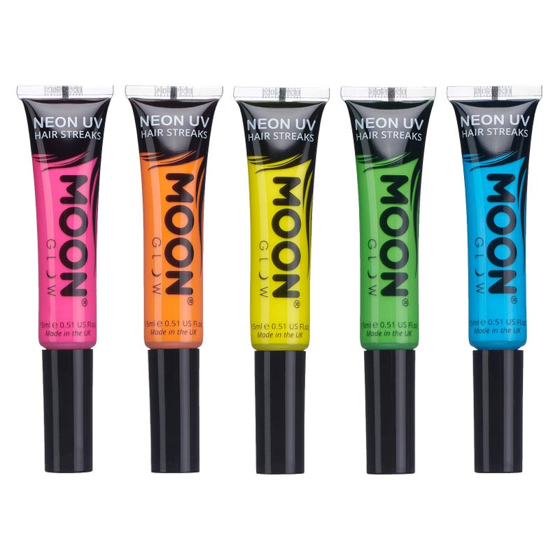 Moon Glow Moon Glow Neon UV Hair Color Streaks | Set of 5 | Hair Mascara - Temporary Wash out Hair Dye | Bright Neon Color, Glows under Blacklights/UV Lighting 