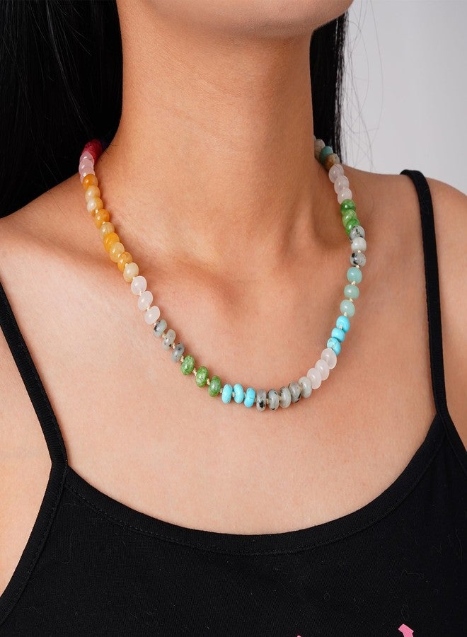 LALAPPLE Colorful Beaded Gemstone Necklace for Women, Boho Rainbow Bead Choker with Natural Stone Crystal Beads, Handmade Summer Beach Necklace Jewelry, 17.5 inches, Stone, natural stone - Image 2