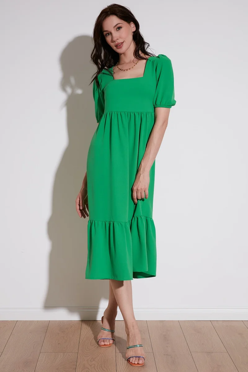 Lela Comfortable Fit Square Collar Flounced Long Dress Women's Dress 42190350