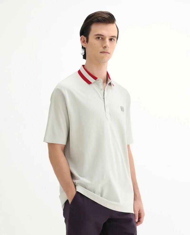 Rare Rabbit Rare Rabbit Men's Divide Light Grey Cotton Fabric Striped Collar Half Sleeves Polo T-Shirt