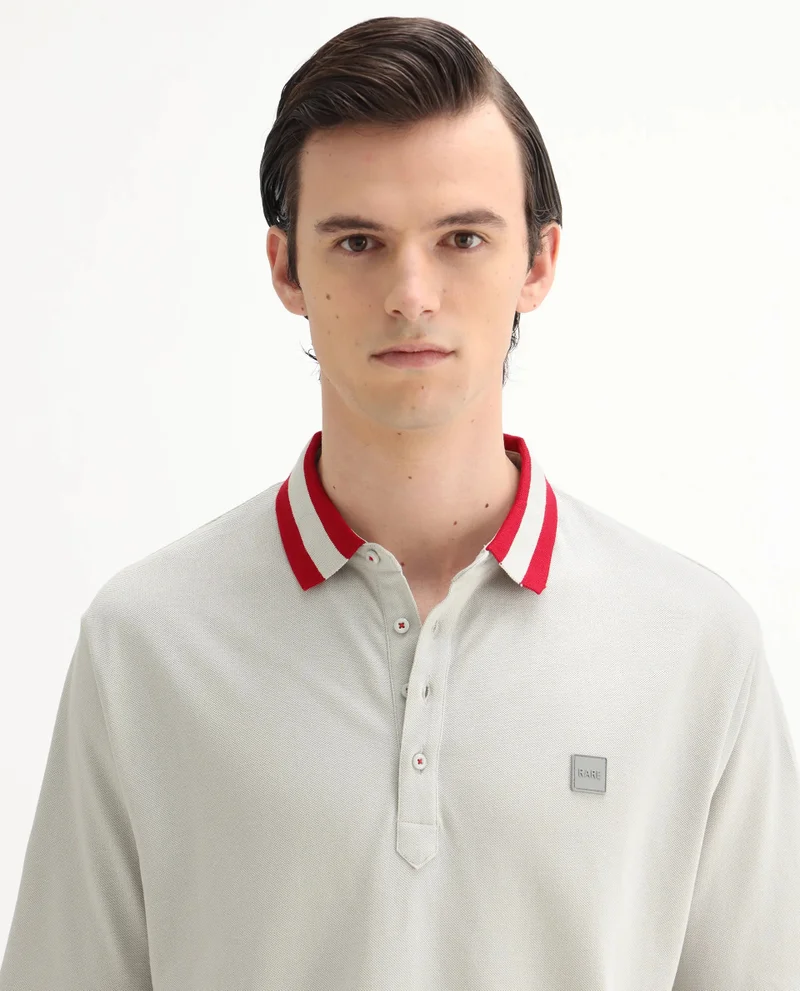 Rare Rabbit Rare Rabbit Men's Divide Light Grey Cotton Fabric Striped Collar Half Sleeves Polo T-Shirt