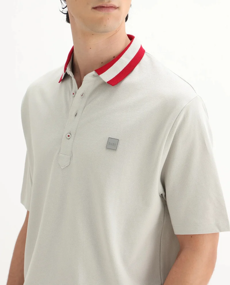 Rare Rabbit Rare Rabbit Men's Divide Light Grey Cotton Fabric Striped Collar Half Sleeves Polo T-Shirt
