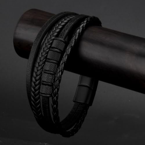wynameleri Leather Bracelet for Men Black Twists Design Black Beads in Gift Box - Image 4