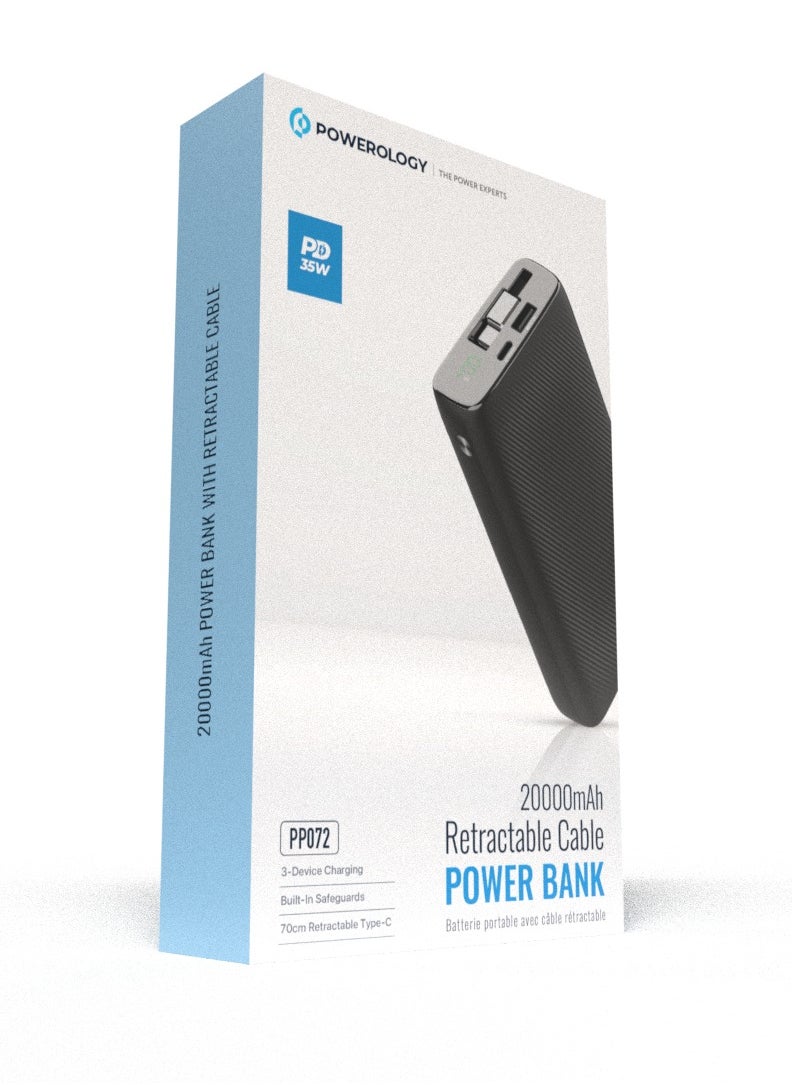 باورولوجي - بنك طاقة 20000 مللي أمبير PD35W مع كابل قابل للسحب بطول 70 سم / شحن متزامن / شحن سريع / شاشة LED / مخرج ومدخل USB-C / شحن جهازين / 0% - 60% في 30 دقيقة / تصميم حاصل على براءة اختراع - أسود - Image 1