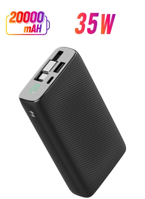 بنك طاقة 20000 مللي أمبير PD35W مع كابل قابل للسحب بطول 70 سم / شحن متزامن / شحن سريع / شاشة LED / مخرج ومدخل USB-C / شحن جهازين / 0% - 60% في 30 دقيقة / تصميم حاصل على براءة اختراع - أسود