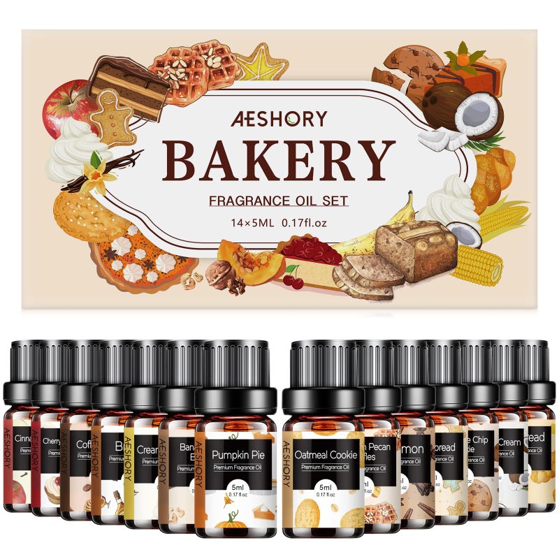 Aeshory Bakery Essential Oils Set - Fragrance Oil for Diffusers, Candle Making - Pumpkin Pie, Coffee Cake, Oatmeal Cookie, Gingerbread, Cinnamon Apple Aromatherapy Scented Oils (5ml) - Image 1