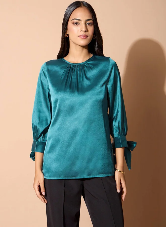 سولت اتاير SALT ATTIRE Teal Satin Top with Three-Quarter Sleeves