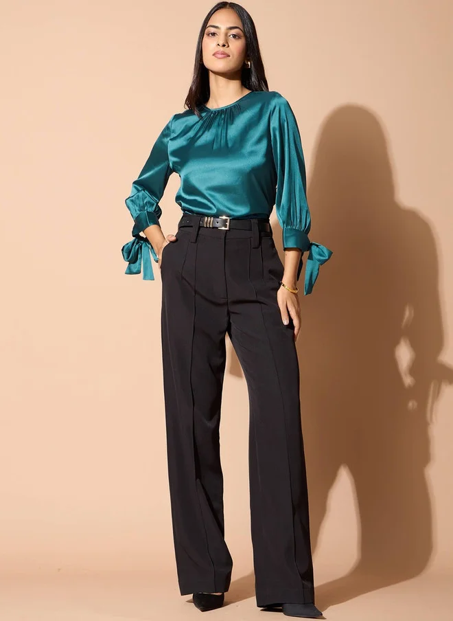 سولت اتاير SALT ATTIRE Teal Satin Top with Three-Quarter Sleeves