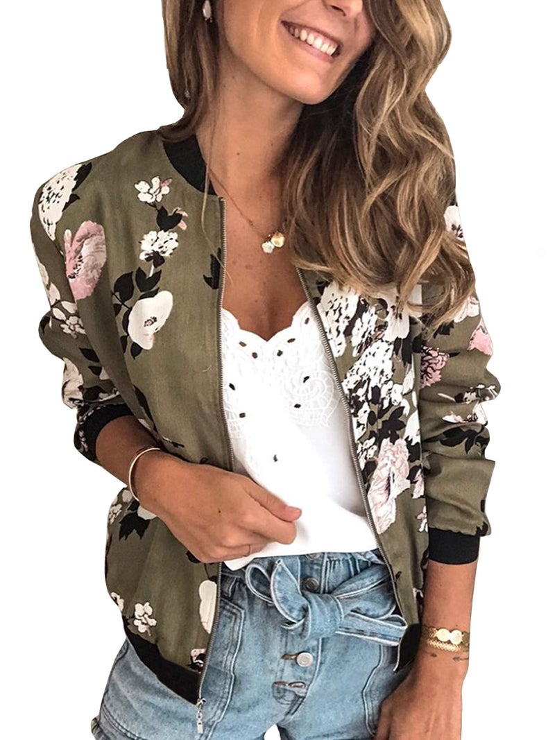 ECOWISH Womens Casual Floral Zip Up Bomber Jacket Coat Lightweight Short Camo No Lining Outwear Tops Windbreaker with Pocket 333Army Green Large
