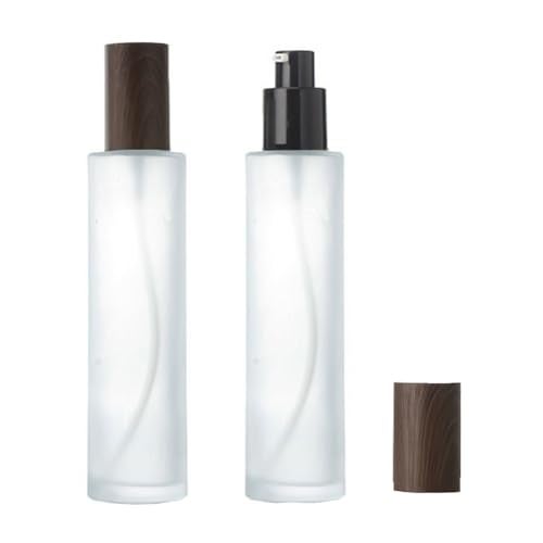 VANTOBEST 2PCS 120ml/4oz Empty Frosted Glass Lotion Pump Bottles with Wood Cap Refillable Makeup Cosmetic Container Storage Dispenser Jar for Essential Oils Lotions Cream DIY Skin Care - Image 1