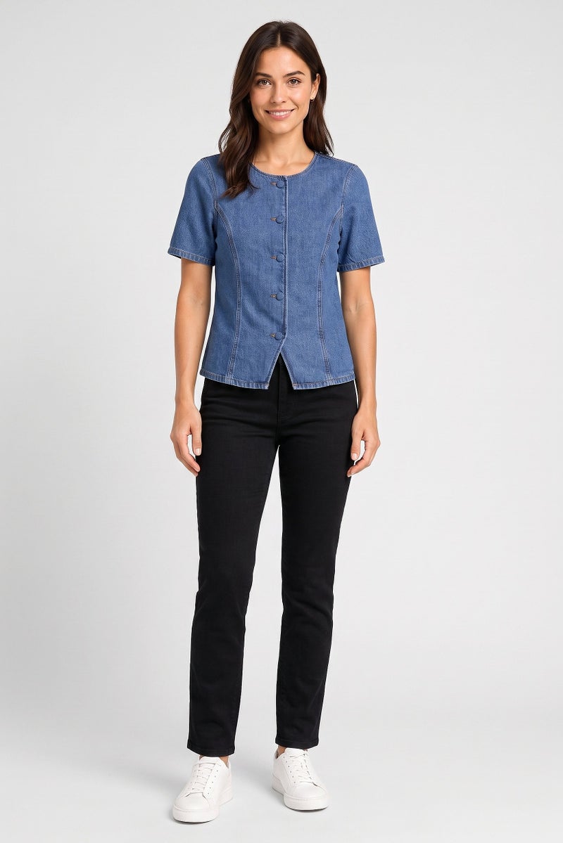 Threadbare Women Round Neck Short Sleeve Washed Denim Waistcoat, Blue - Image 2