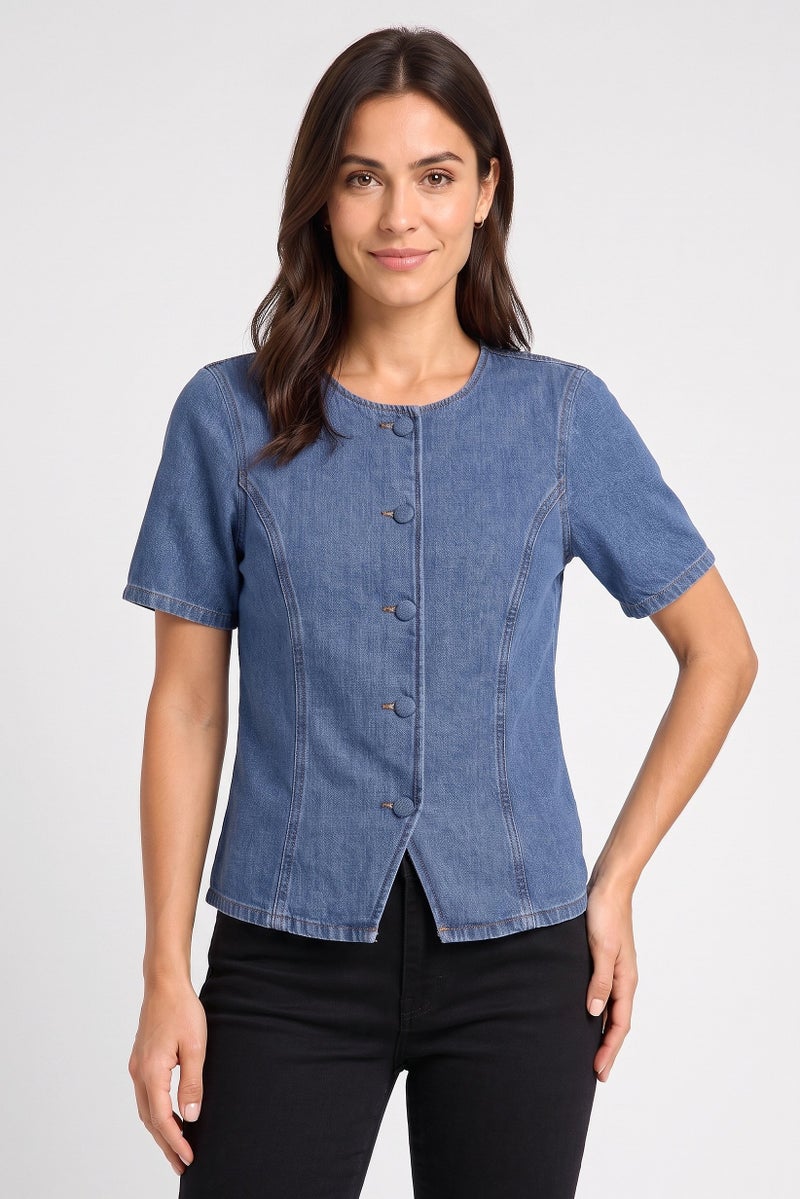 Threadbare Women Round Neck Short Sleeve Washed Denim Waistcoat, Blue - Image 1