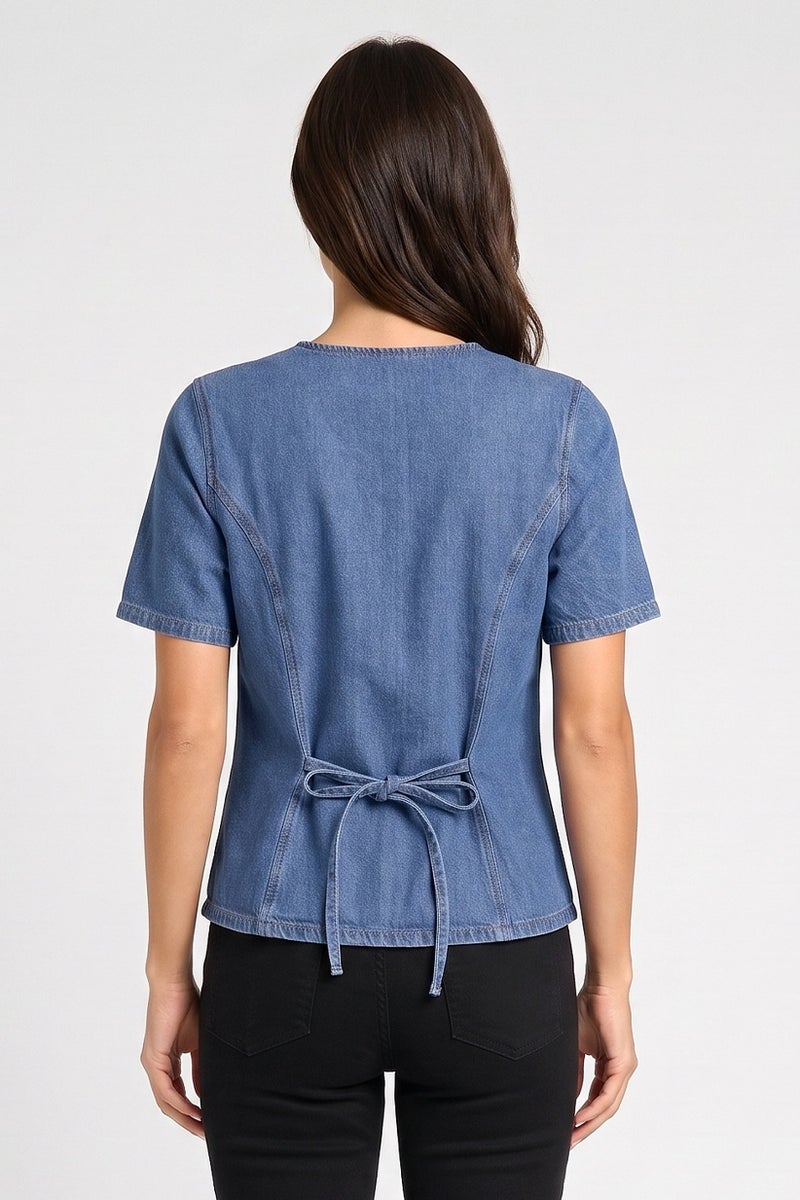 Threadbare Women Round Neck Short Sleeve Washed Denim Waistcoat, Blue - Image 4